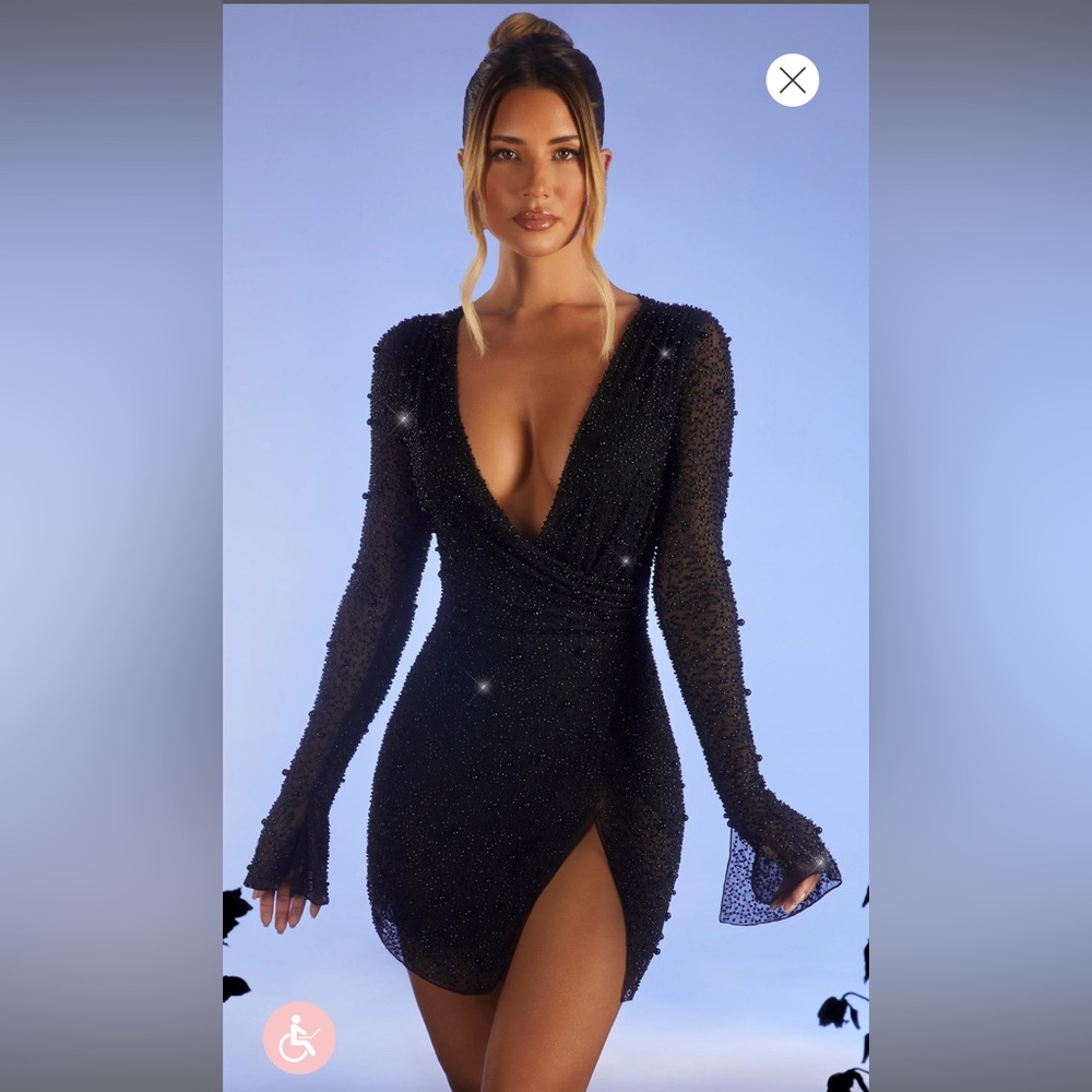 Oh Polly- Embellished Wrap Over A-Line Mini Dress In Black